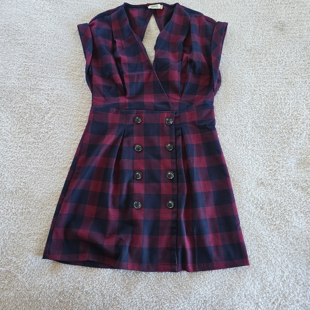 Essue Open Back Plaid Mini Dress Button Accents Y2K Academia Red Blue Women's M